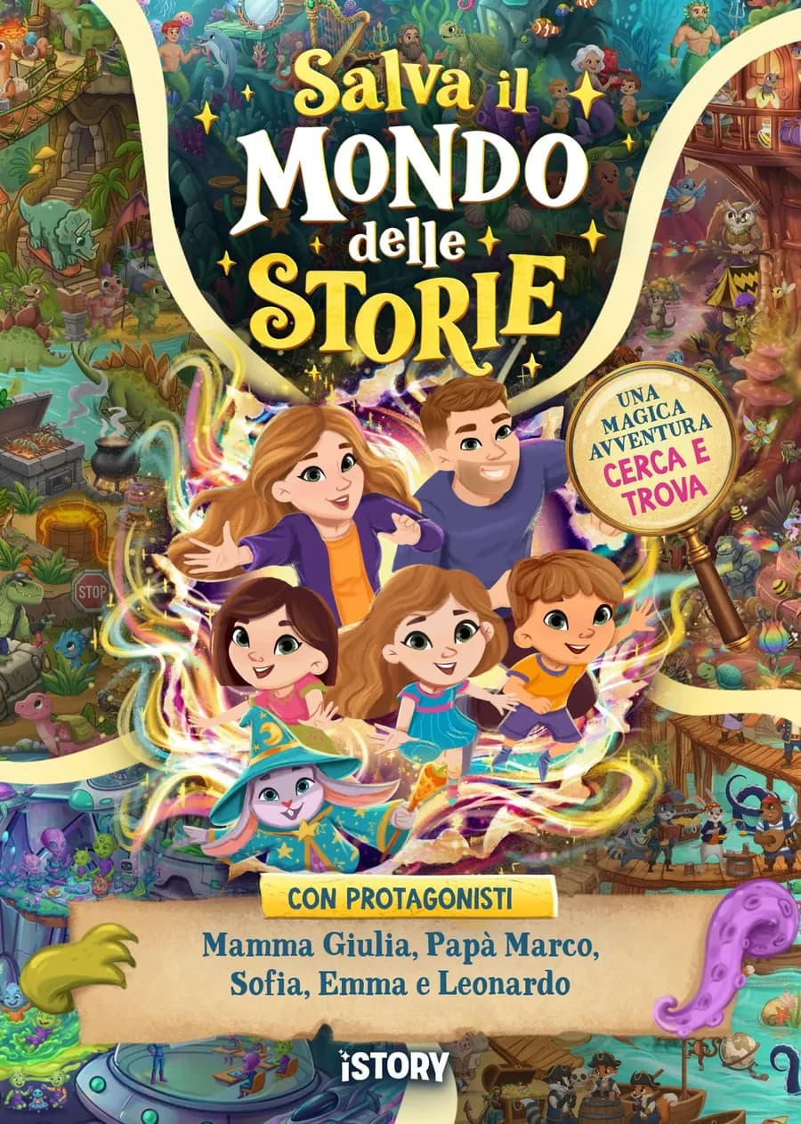 Copertina con mamma Giulia, papà Marco, Sofia, Emma e Leonardo