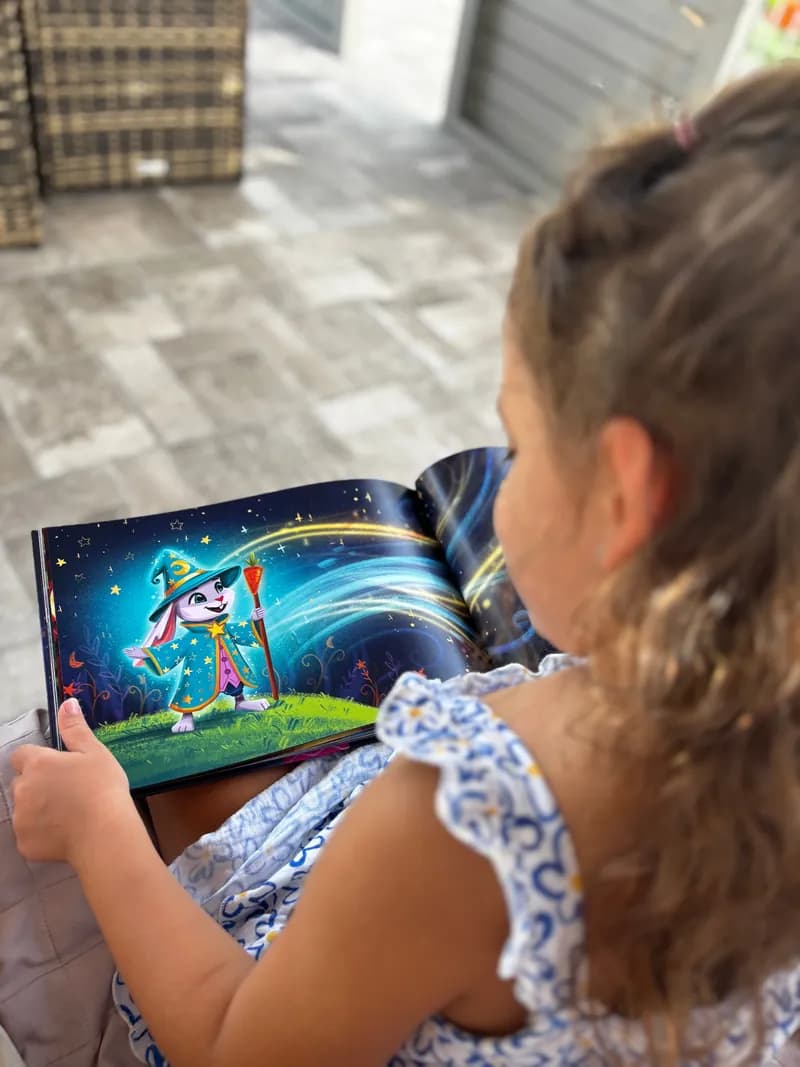 Una bambina legge la Notte Magica all'aperto