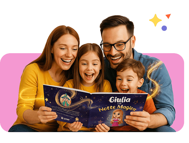 Famiglia che legge un libro personalizzato