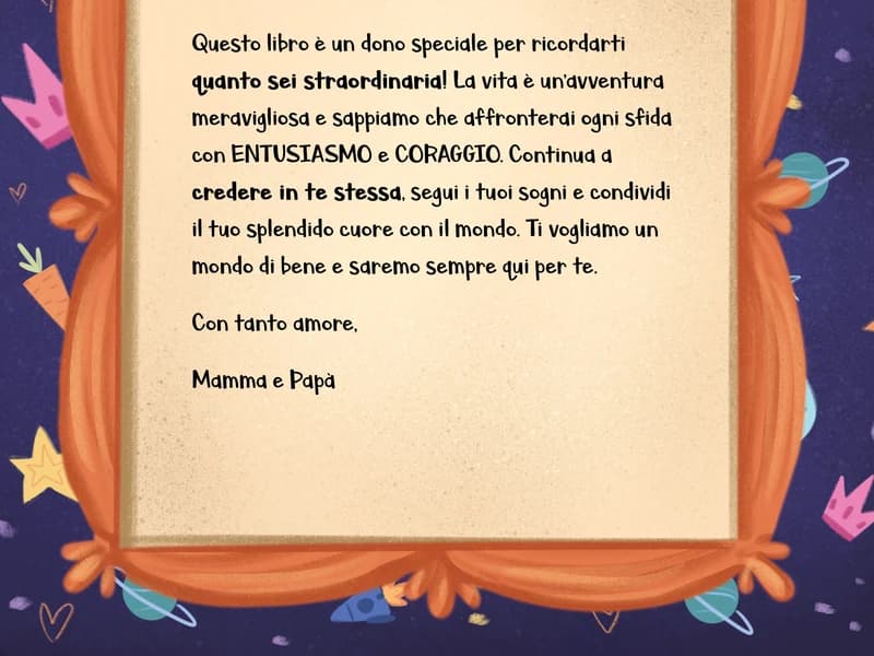 La pagina della dedica nella Notte Magica: una lettera nella cornice, firmata Mamma e Papà